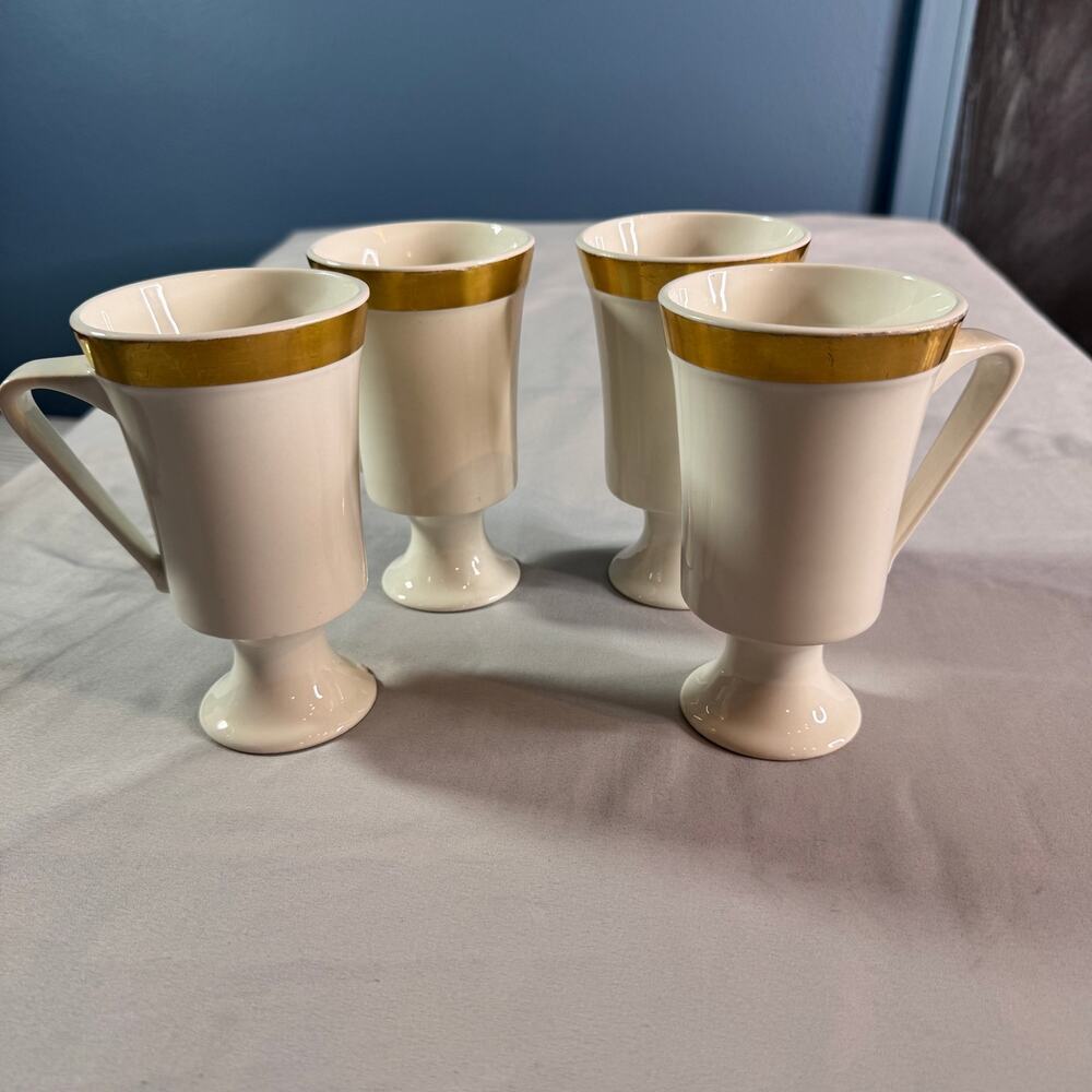 Set of 4 Ernest Sohn Creations White Pedestal Mugs Gold Rim Coffee Cups USA